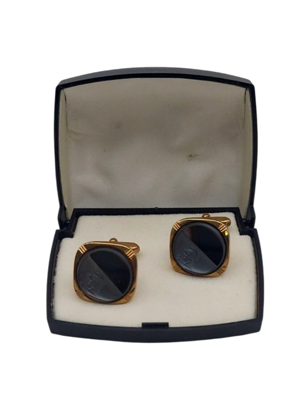 Vintage Intaglio Hematite Gold Tone Roman Soldier Cufflinks & Gift Storage Box
